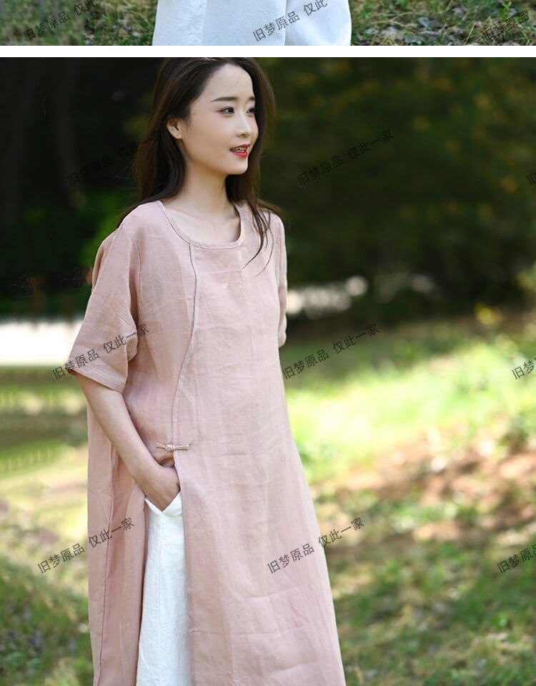 면 린넨 여성 의류 레트로 새로운 중식 민족 스타일 중간 길이 셔츠 드레스 상세 이미지 7