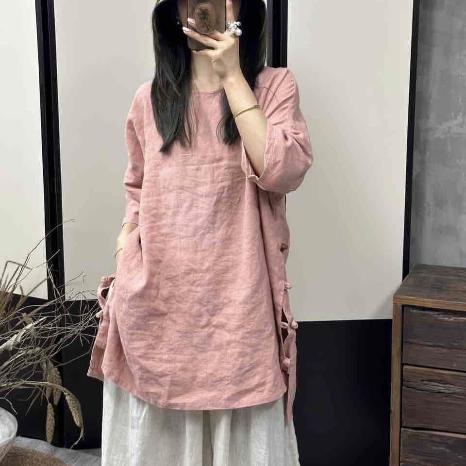 여름 대외 무역 셔츠 여성 의류 라미 레트로 라운드 넥 루즈핏 7부 소매 트임 단추 중간 길이 면 린넨 맨위 상세 이미지 2