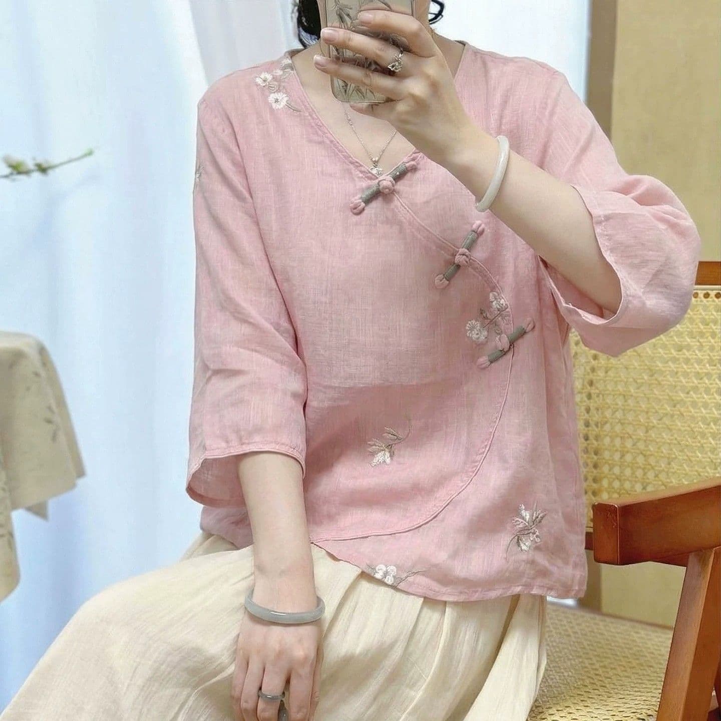 새로운 중식 라미 V넥 프린트 여성 셔츠 루즈핏 비스듬한 襟 수공 단추 국풍 풀오버 맨위 이미지 4