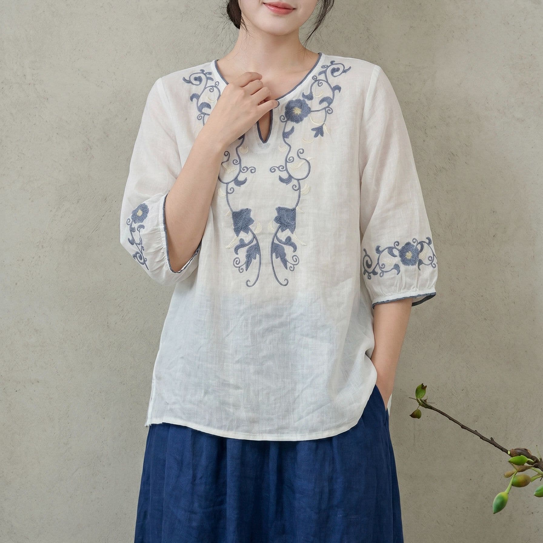 새로운 중식 국풍 면 린넨 여성 셔츠 스탠드 칼라 자수 품격 문예 다용도 슬림해 보이는 맨위 상세 이미지 1