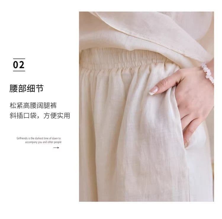 면 린넨 자수 세트 여성 여름 얇은 스타일 중년 엄마 루즈핏 품격 V넥 맨위 와이드 레그 팬츠 투피스 세트 얇은 상세 이미지 12