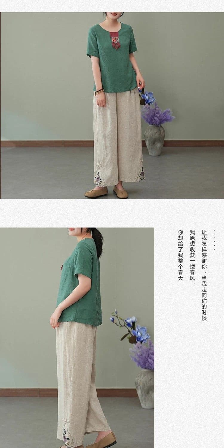 면 린넨 바지 아이들 고급 외국 가스 와이드 레그 팬츠 여름 고유 한 아름다운 여성 바지 루즈핏 중국풍 민족 스타일 상세 이미지 7