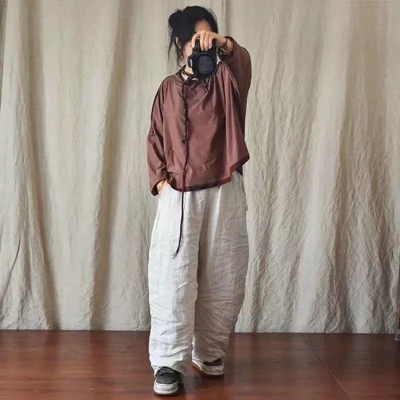 레트로 주름 면 린넨 와이드 레깅스 바지 여름 얇은 스타일 2026 새로운 빅 사이즈 루즈핏 아마 9 포인트 모통이 칼 바지 상세 이미지 3