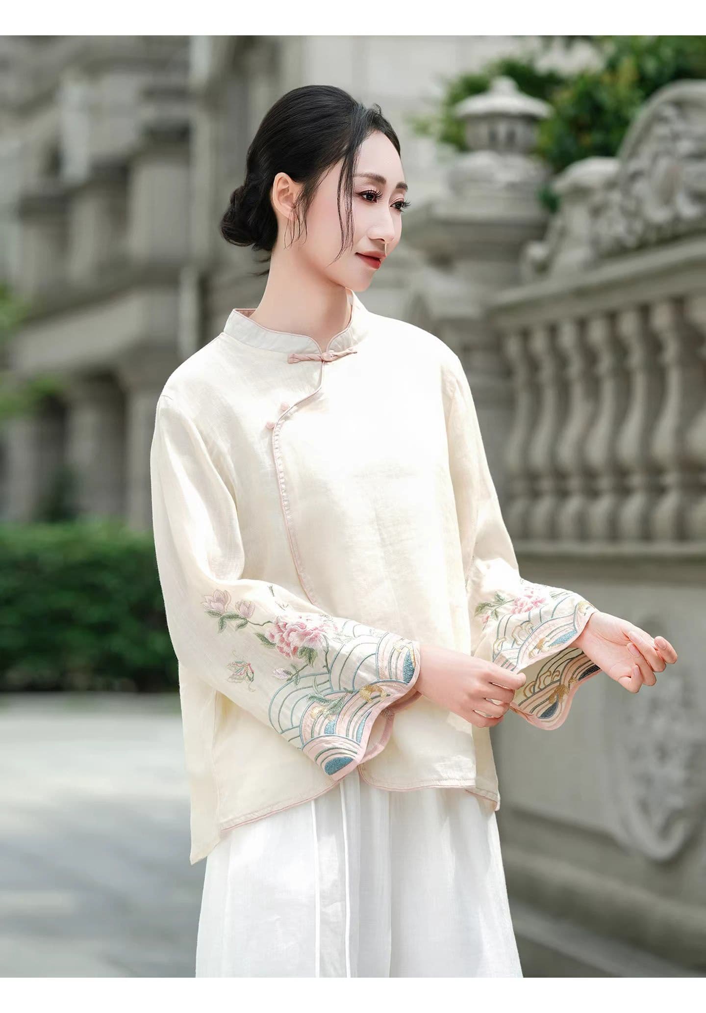 새로운 중식 면 린넨 스탠드 칼라 셔츠 여성 긴 소매 자수 국풍 티셔츠 루즈핏 슬림해 보이는 품격 다용도 맨위 여성 상세 이미지 3