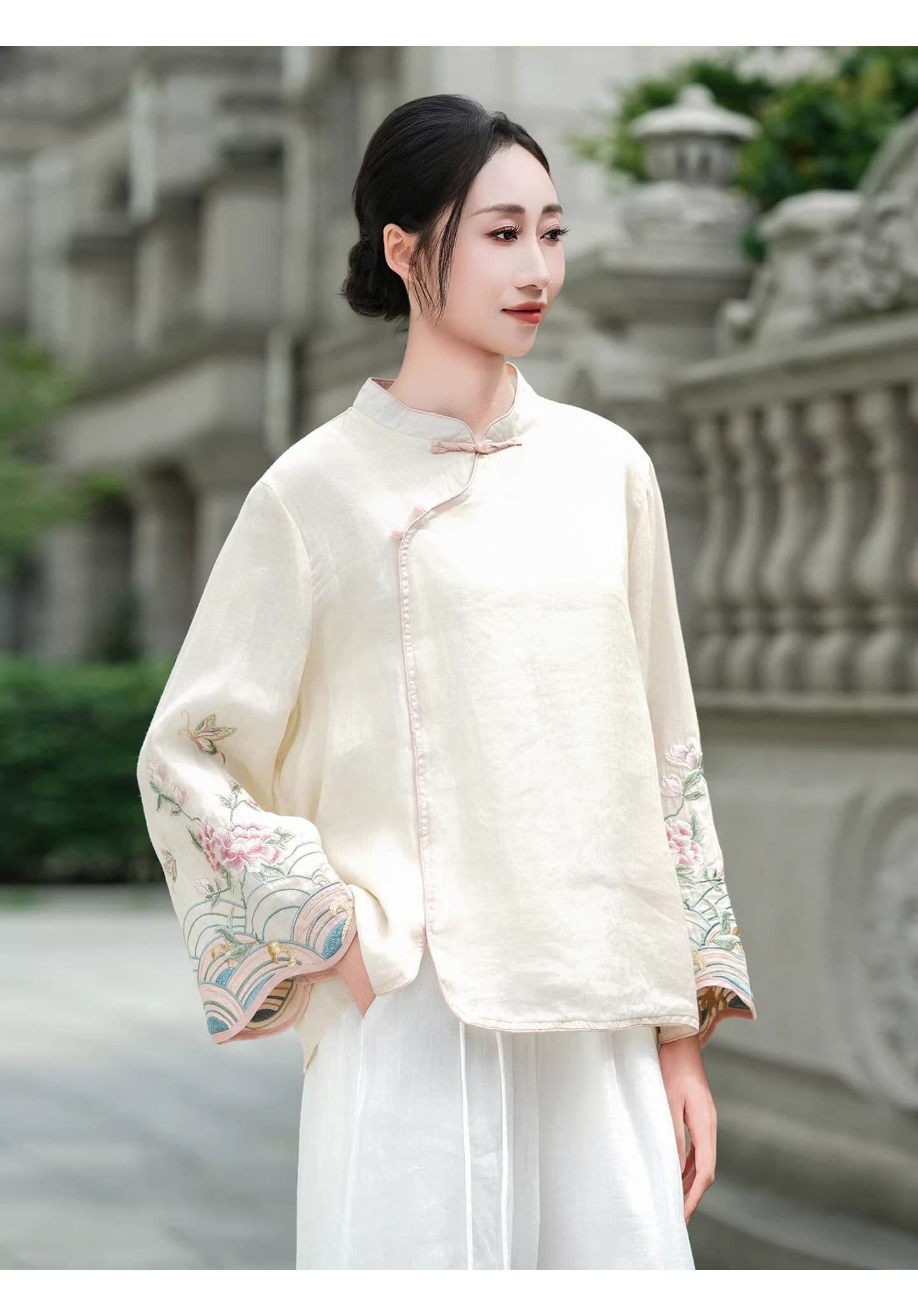 새로운 중식 면 린넨 스탠드 칼라 셔츠 여성 긴 소매 자수 국풍 티셔츠 루즈핏 슬림해 보이는 품격 다용도 맨위 여성 상세 이미지 4