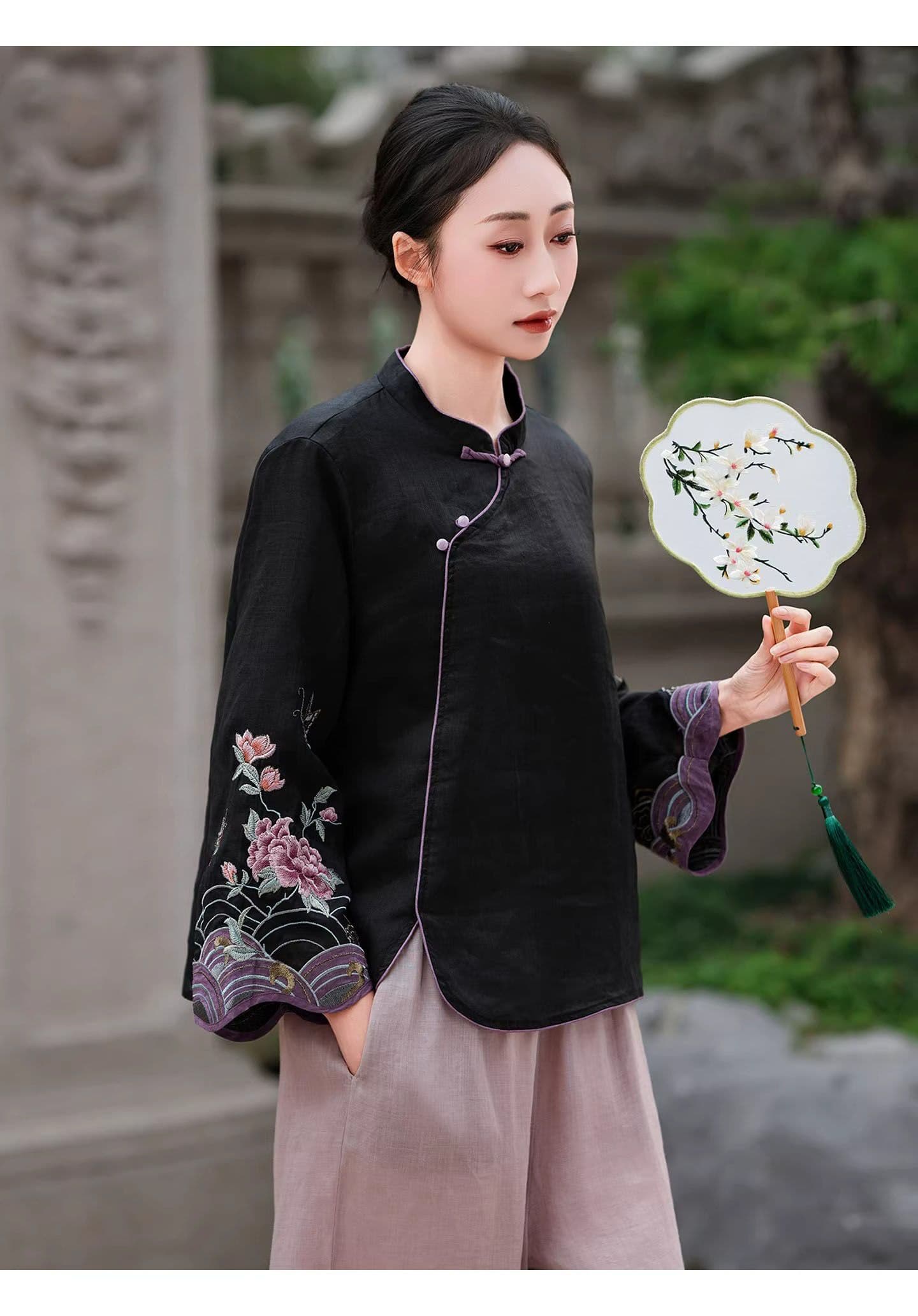 새로운 중식 면 린넨 스탠드 칼라 셔츠 여성 긴 소매 자수 국풍 티셔츠 루즈핏 슬림해 보이는 품격 다용도 맨위 여성 상세 이미지 7