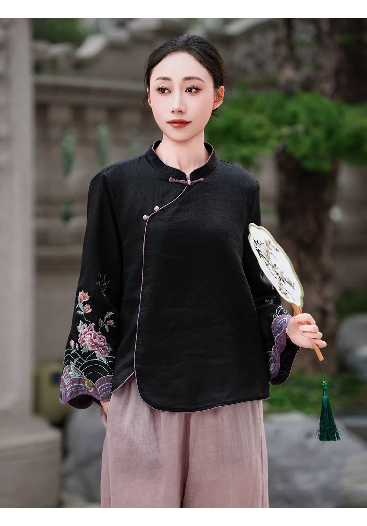 새로운 중식 면 린넨 스탠드 칼라 셔츠 여성 긴 소매 자수 국풍 티셔츠 루즈핏 슬림해 보이는 품격 다용도 맨위 여성 상세 이미지 10