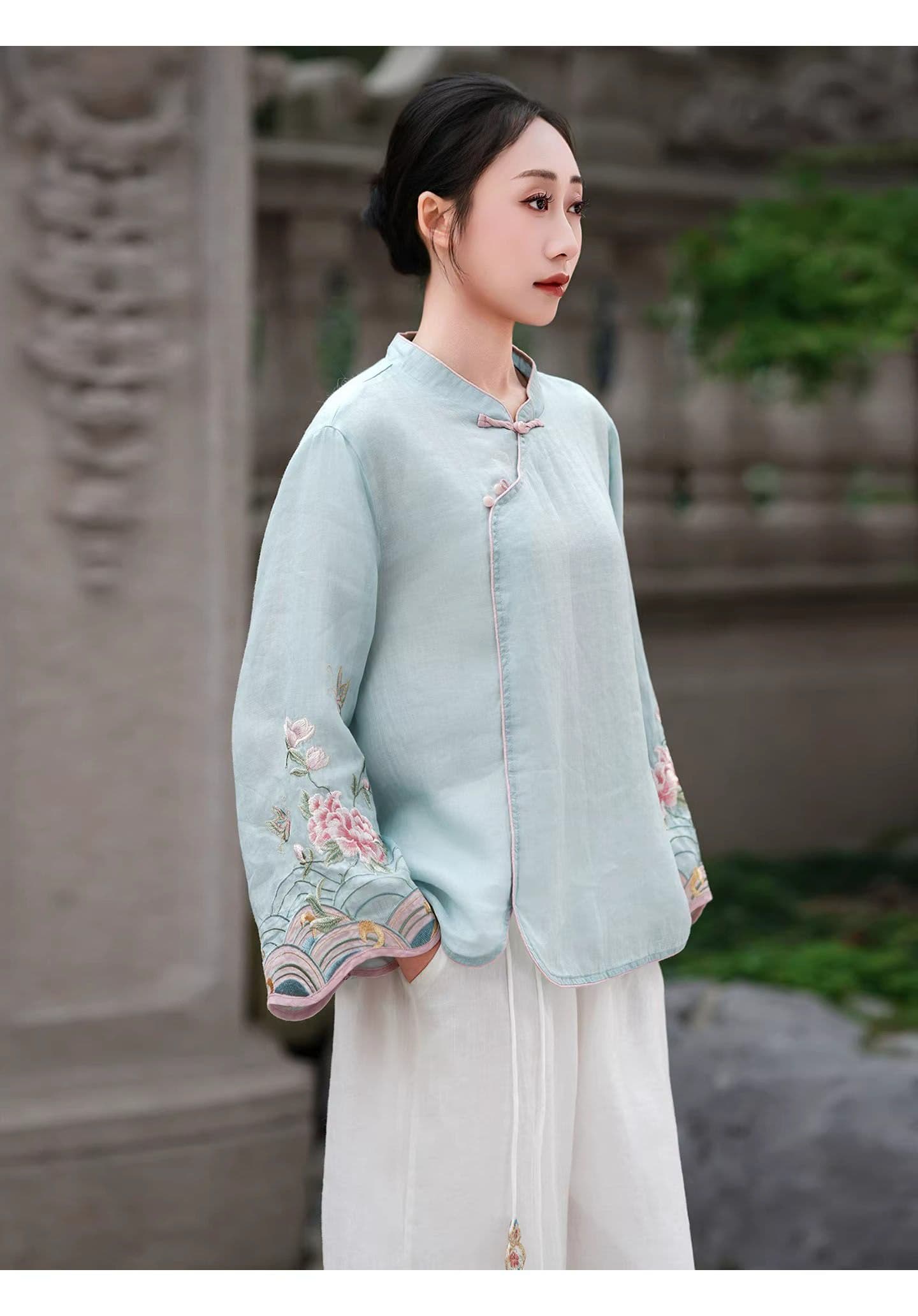 새로운 중식 면 린넨 스탠드 칼라 셔츠 여성 긴 소매 자수 국풍 티셔츠 루즈핏 슬림해 보이는 품격 다용도 맨위 여성 상세 이미지 13