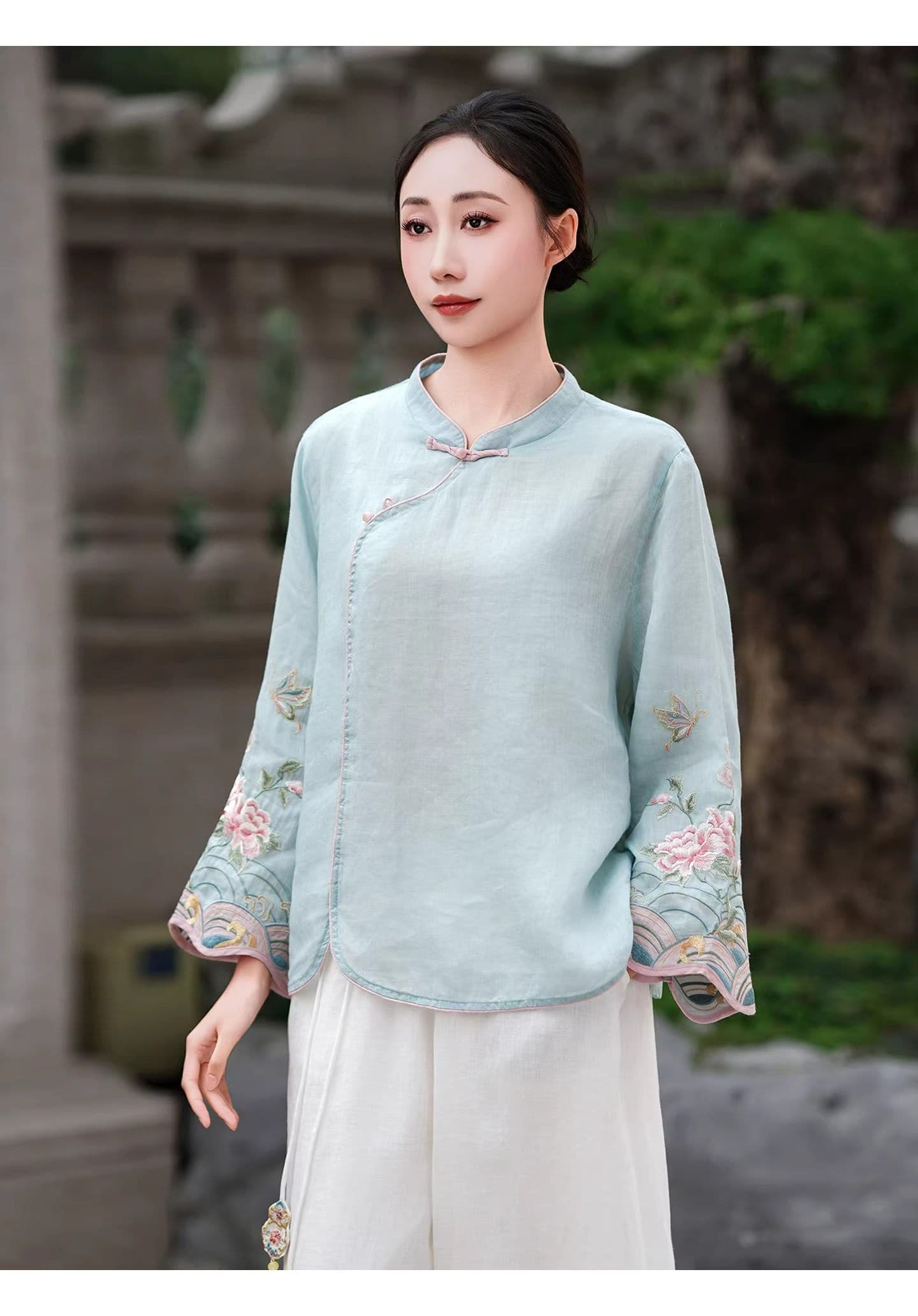 새로운 중식 면 린넨 스탠드 칼라 셔츠 여성 긴 소매 자수 국풍 티셔츠 루즈핏 슬림해 보이는 품격 다용도 맨위 여성 상세 이미지 15