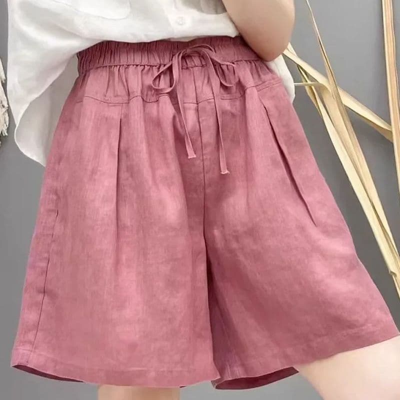 와이드 레그 팬츠 캐주얼 품격 면 린넨 주머니 디자인 반바지 허리밴드 레이스업 없음 폭탄 여름 새로운 오부 바지 여성 이미지 3