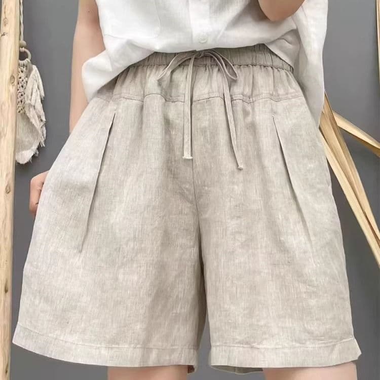 와이드 레그 팬츠 캐주얼 품격 면 린넨 주머니 디자인 반바지 허리밴드 레이스업 없음 폭탄 여름 새로운 오부 바지 여성 상세 이미지 2