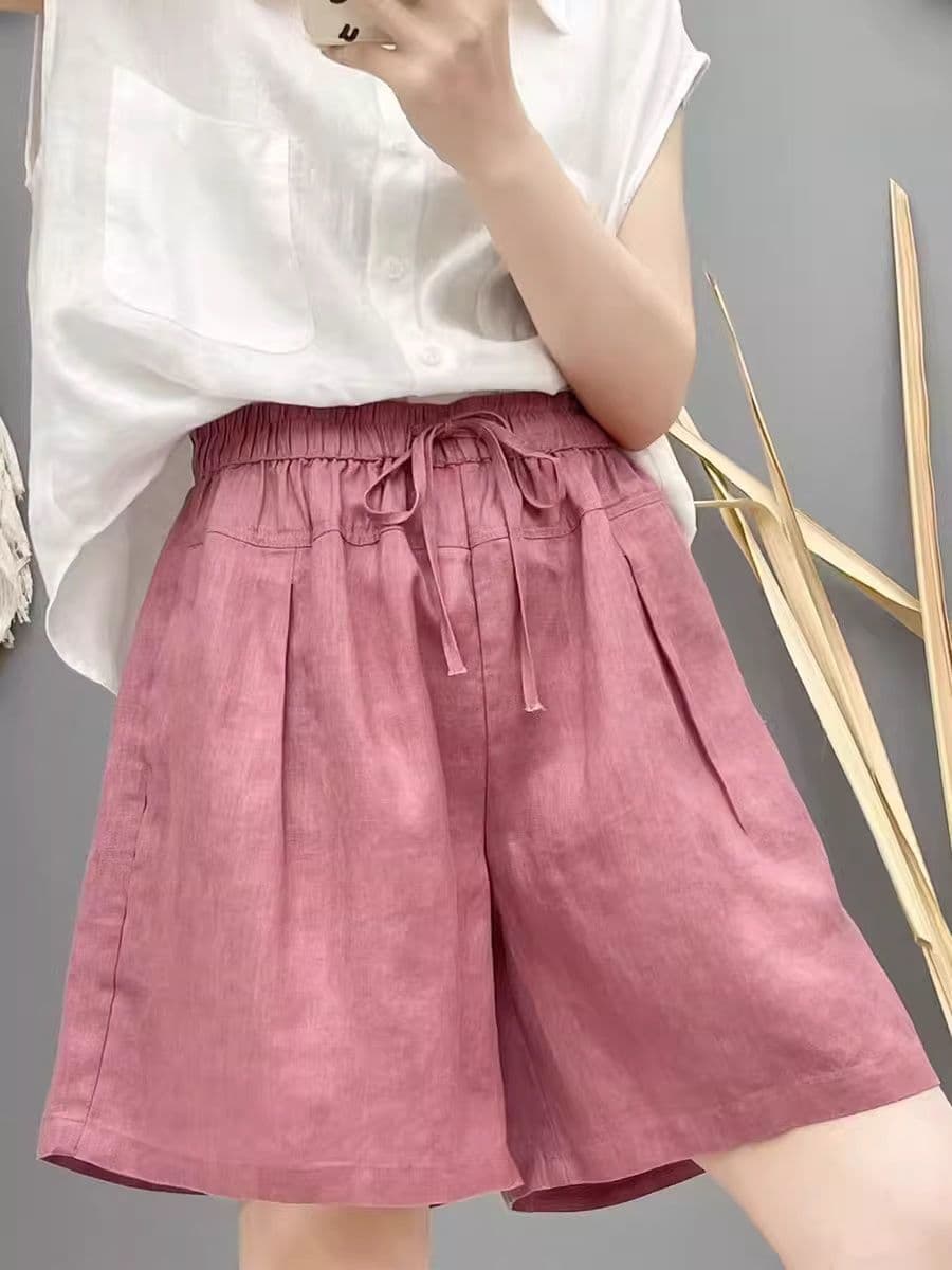 와이드 레그 팬츠 캐주얼 품격 면 린넨 주머니 디자인 반바지 허리밴드 레이스업 없음 폭탄 여름 새로운 오부 바지 여성 상세 이미지 3