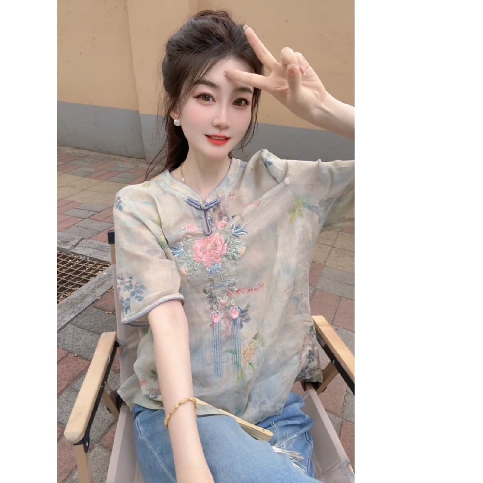 국풍 새로운 중식 품격 문예 반팔 셔츠 여성 의류 2026 여름 새로운 캐주얼 다용도 슈퍼 잘 생긴 맨위 이미지 4