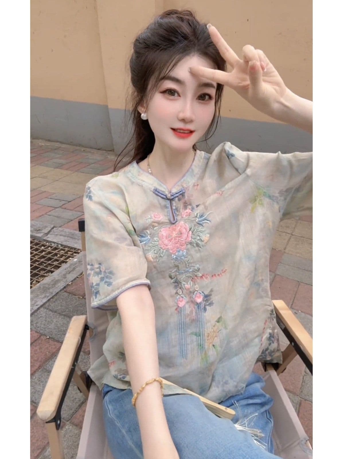 국풍 새로운 중식 품격 문예 반팔 셔츠 여성 의류 2026 여름 새로운 캐주얼 다용도 슈퍼 잘 생긴 맨위 상세 이미지 3