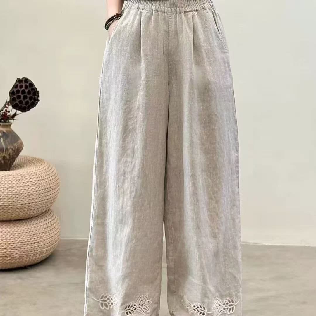 문예 선택하지 마라. 몸 레트로 홀로우 아웃 자수 면 린넨 와이드 레깅스 바지 여름 루즈핏 캐주얼 바지 면 린넨 스트레이트 팬츠 트렌디 이미지 2