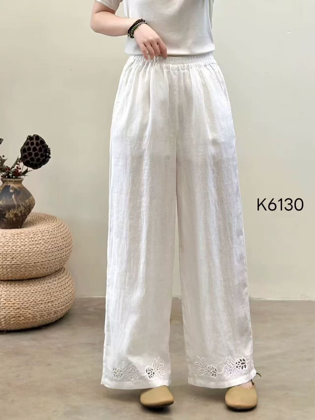 문예 선택하지 마라. 몸 레트로 홀로우 아웃 자수 면 린넨 와이드 레깅스 바지 여름 루즈핏 캐주얼 바지 면 린넨 스트레이트 팬츠 트렌디 상세 이미지 3