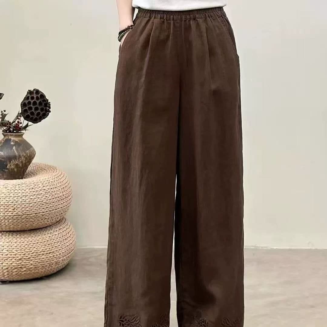 문예 선택하지 마라. 몸 레트로 홀로우 아웃 자수 면 린넨 와이드 레깅스 바지 여름 루즈핏 캐주얼 바지 면 린넨 스트레이트 팬츠 트렌디 상세 이미지 5