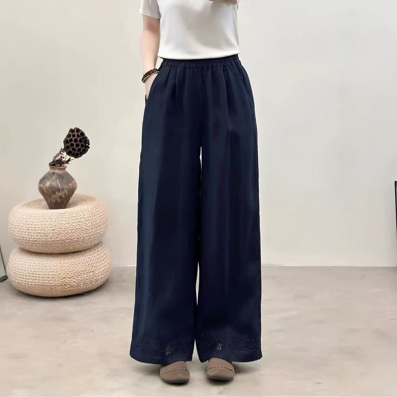 문예 선택하지 마라. 몸 레트로 홀로우 아웃 자수 면 린넨 와이드 레깅스 바지 여름 루즈핏 캐주얼 바지 면 린넨 스트레이트 팬츠 트렌디 상세 이미지 7