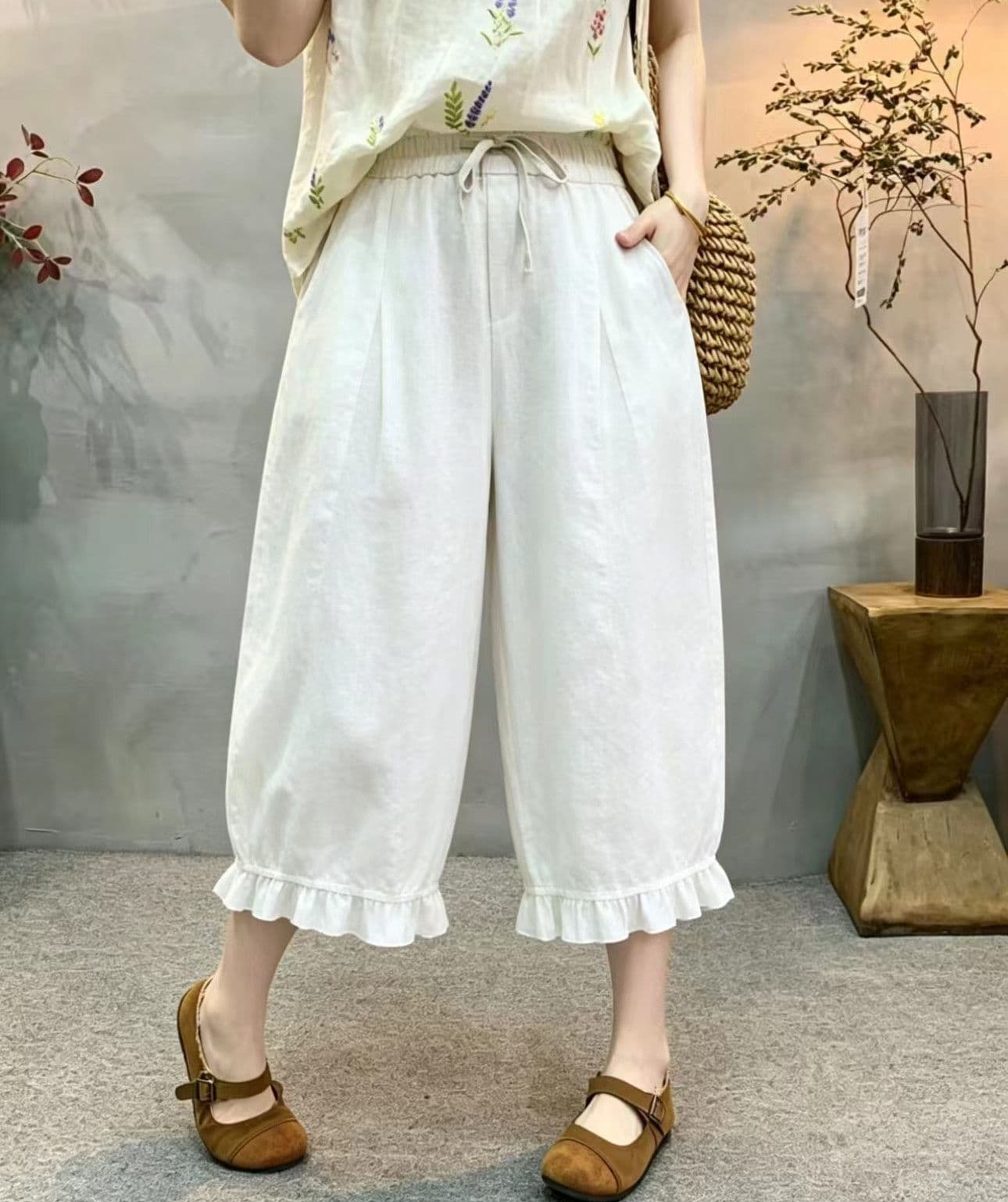 면 린넨 허리밴드 프릴 배기 바지 품격 다용도 허리밴드 레이스업 슬림해 보이는 여성 7부 바지 여름 상세 이미지 4