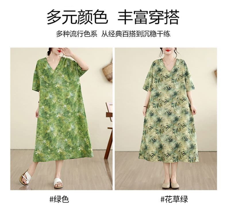 면 린넨 녹색 식물 프린트 빅 사이즈 드레스 여름 새로운 루즈핏 V넥 캐주얼 부주의 한 롱 코트 A라인 스커트 상세 이미지 7