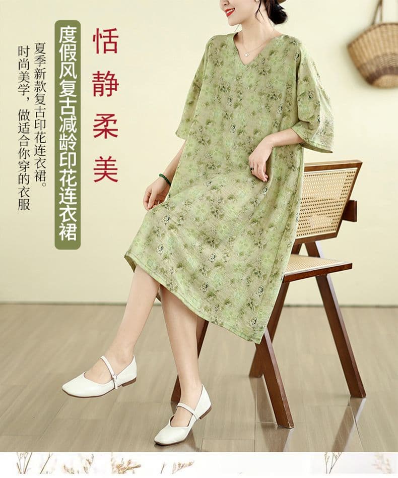 면 린넨 지방 mm 빅 사이즈 여름 새로운 V넥 루즈핏 캐주얼 느긋한 휴가 바람 프린트 무릎 아래 드레스 상세 이미지 1