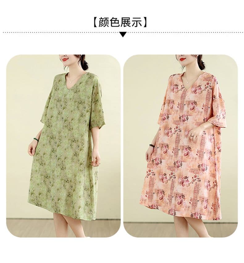면 린넨 지방 mm 빅 사이즈 여름 새로운 V넥 루즈핏 캐주얼 느긋한 휴가 바람 프린트 무릎 아래 드레스 상세 이미지 7