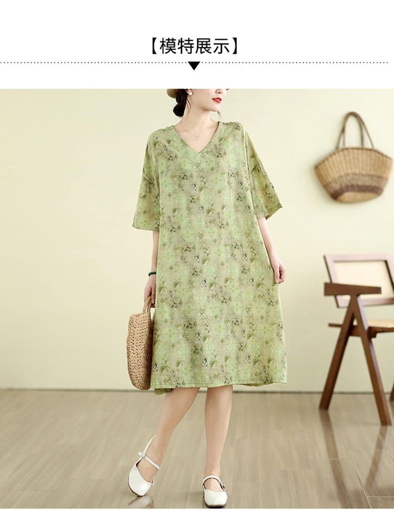면 린넨 지방 mm 빅 사이즈 여름 새로운 V넥 루즈핏 캐주얼 느긋한 휴가 바람 프린트 무릎 아래 드레스 상세 이미지 9