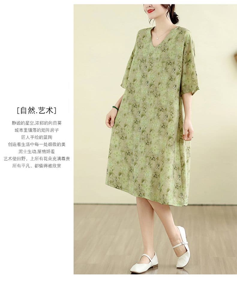 면 린넨 지방 mm 빅 사이즈 여름 새로운 V넥 루즈핏 캐주얼 느긋한 휴가 바람 프린트 무릎 아래 드레스 상세 이미지 10