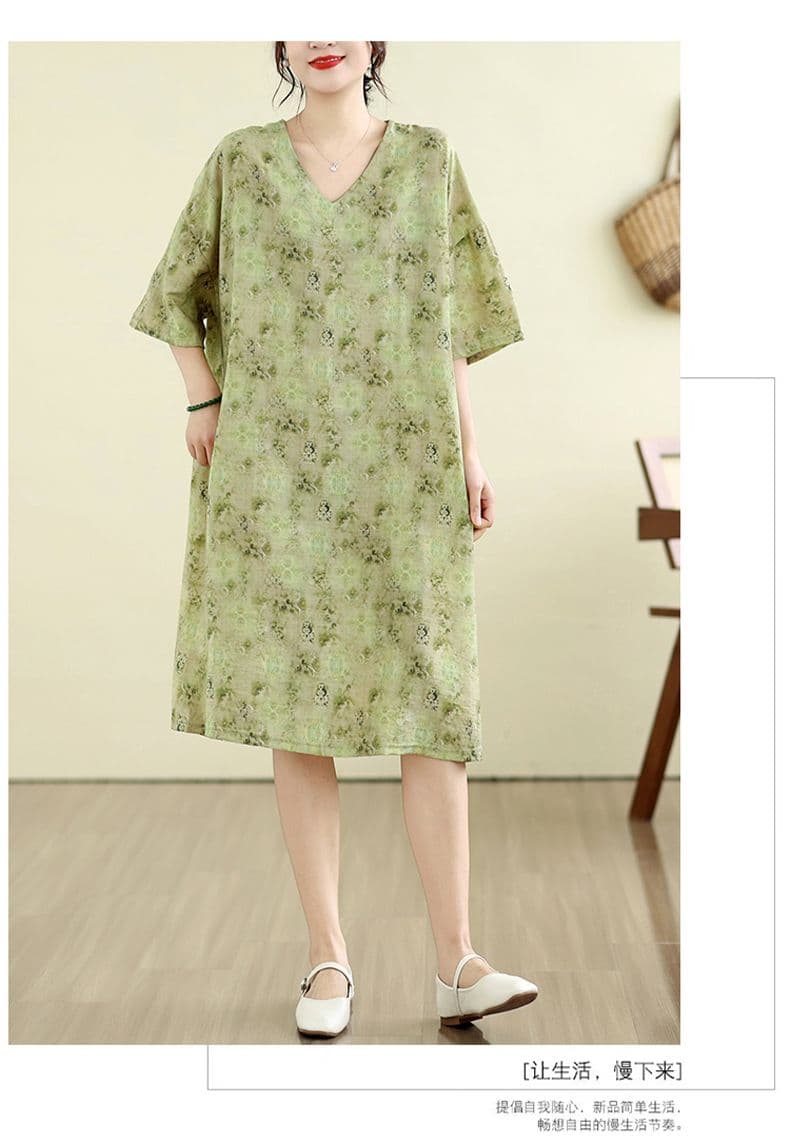 면 린넨 지방 mm 빅 사이즈 여름 새로운 V넥 루즈핏 캐주얼 느긋한 휴가 바람 프린트 무릎 아래 드레스 상세 이미지 12