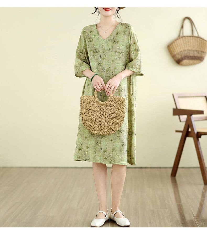 면 린넨 지방 mm 빅 사이즈 여름 새로운 V넥 루즈핏 캐주얼 느긋한 휴가 바람 프린트 무릎 아래 드레스 상세 이미지 13