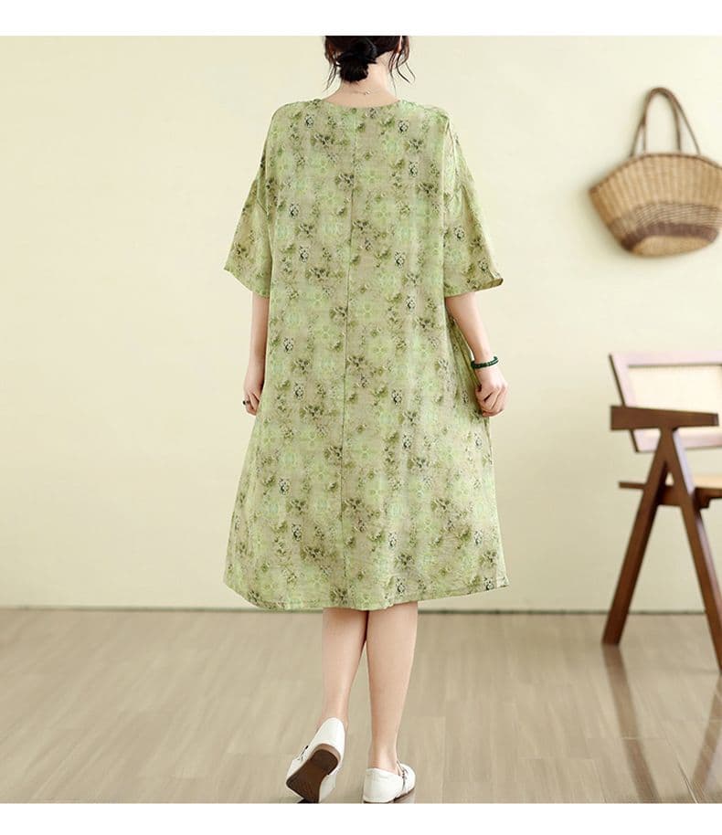 면 린넨 지방 mm 빅 사이즈 여름 새로운 V넥 루즈핏 캐주얼 느긋한 휴가 바람 프린트 무릎 아래 드레스 상세 이미지 14