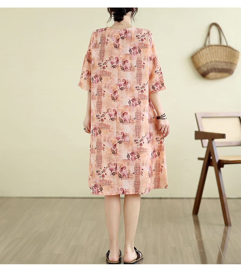 면 린넨 지방 mm 빅 사이즈 여름 새로운 V넥 루즈핏 캐주얼 느긋한 휴가 바람 프린트 무릎 아래 드레스 상세 이미지 20