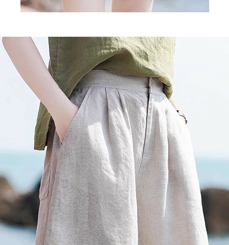 등 허리 밴딩 면 린넨 반바지 올해 여름 새로운 넓은 다리 오부 바지 캐주얼 다용도 루즈핏 여성 의류 상세 이미지 7