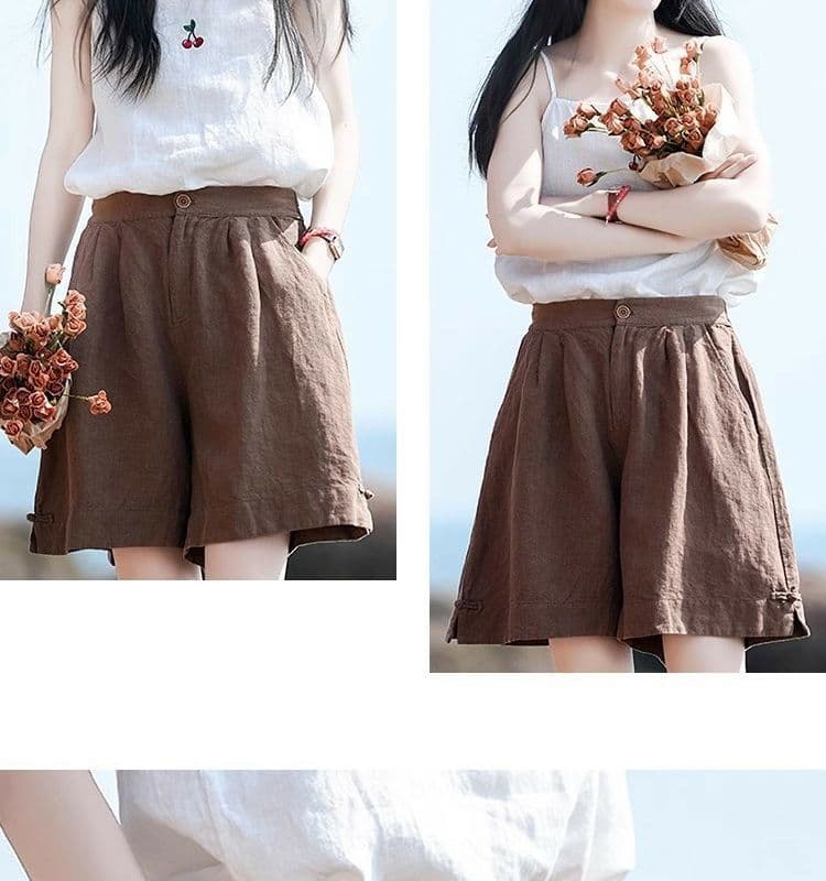등 허리 밴딩 면 린넨 반바지 올해 여름 새로운 넓은 다리 오부 바지 캐주얼 다용도 루즈핏 여성 의류 상세 이미지 12