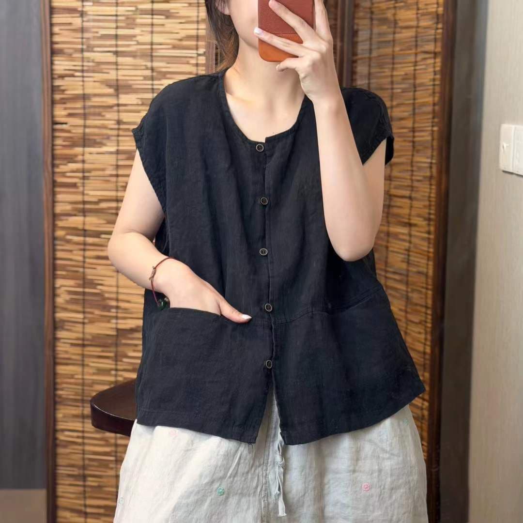 기타 색상 면 린넨 민소매 조끼 섹션 셔츠 맨위 여름 새로운 다용도 루즈핏 주머니 디자인 오픈 가디건 여성 의류 상세 이미지 2