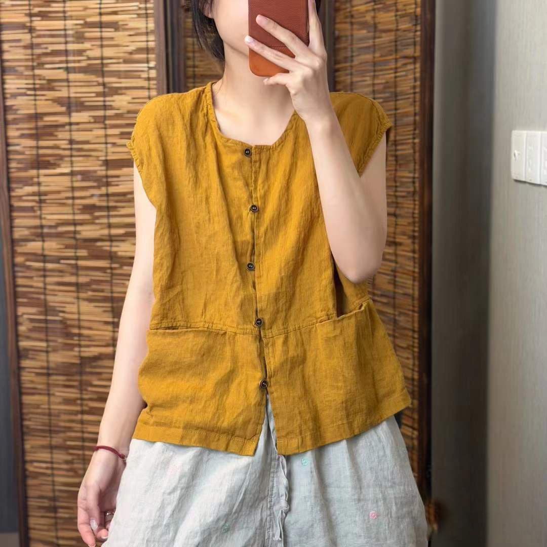 기타 색상 면 린넨 민소매 조끼 섹션 셔츠 맨위 여름 새로운 다용도 루즈핏 주머니 디자인 오픈 가디건 여성 의류 상세 이미지 3