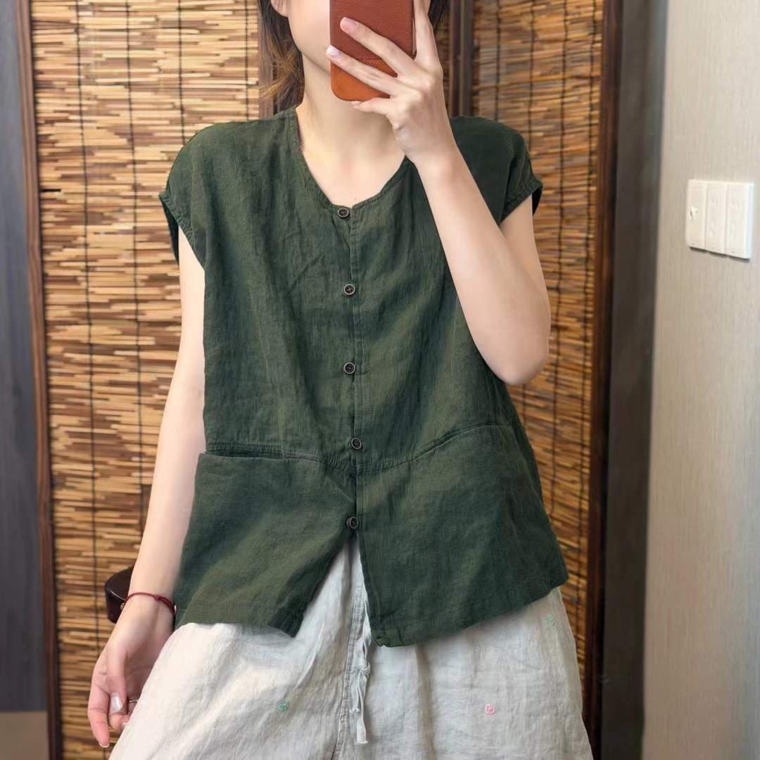 기타 색상 면 린넨 민소매 조끼 섹션 셔츠 맨위 여름 새로운 다용도 루즈핏 주머니 디자인 오픈 가디건 여성 의류 상세 이미지 5