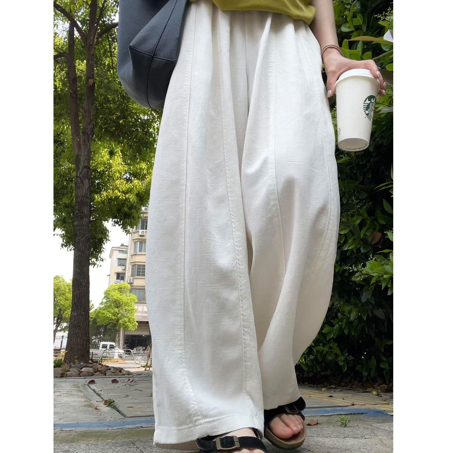 해군 모통이 칼 와이드 레깅스 바지 여름 얇은 스타일 루즈핏 느긋한 캐주얼 바지 하이웨이스트 슬림해 보이는 캐주얼 면 린넨 풍선 바지 이미지 5