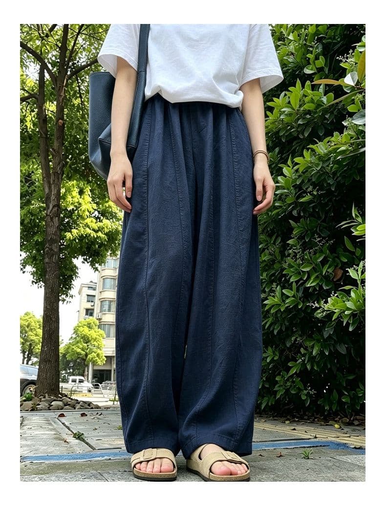 해군 모통이 칼 와이드 레깅스 바지 여름 얇은 스타일 루즈핏 느긋한 캐주얼 바지 하이웨이스트 슬림해 보이는 캐주얼 면 린넨 풍선 바지 상세 이미지 11