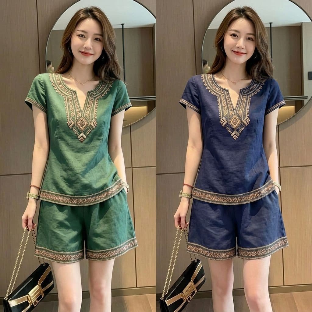민족 스타일 자수 반팔 반바지 투피스 세트 슬림해 보이는 캐주얼 휴가 바람 세트 이미지 5
