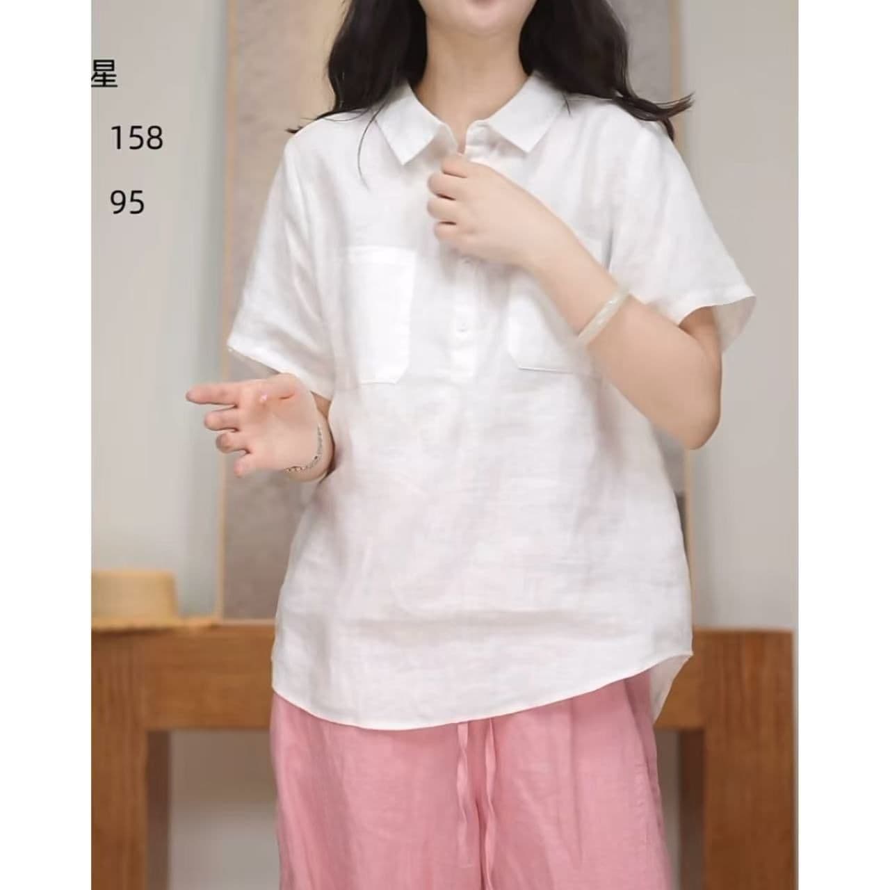 면 린넨 새로운 미니멀리즘 문예 루즈핏 캐주얼 다용도 여성 여름 미니멀리즘 고급 POLO 칼라 반팔 여성 셔츠 이미지 2