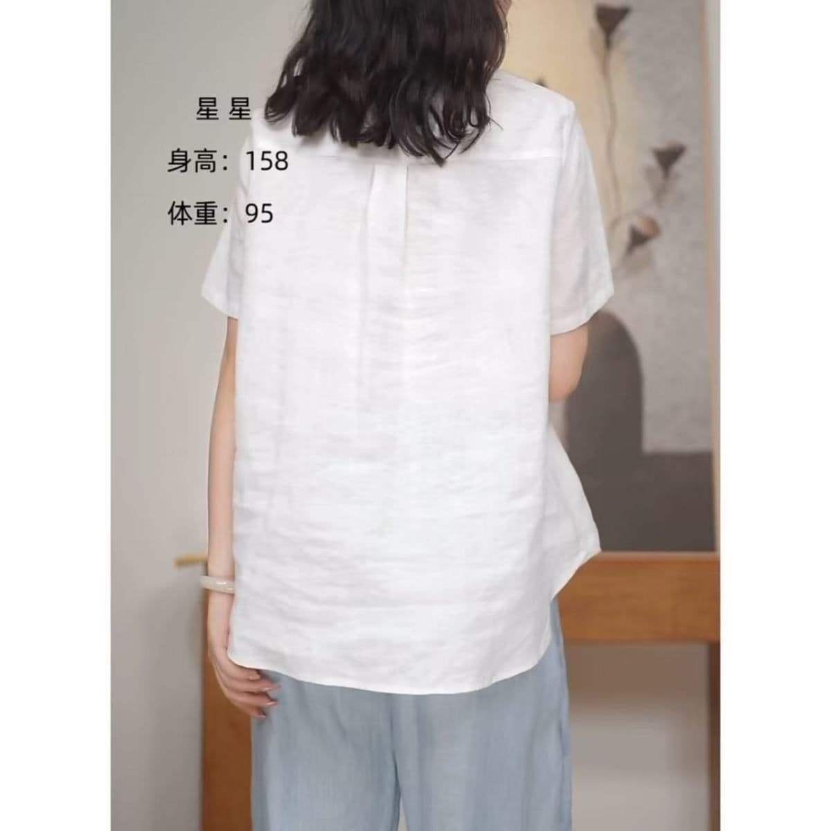 면 린넨 새로운 미니멀리즘 문예 루즈핏 캐주얼 다용도 여성 여름 미니멀리즘 고급 POLO 칼라 반팔 여성 셔츠 상세 이미지 4
