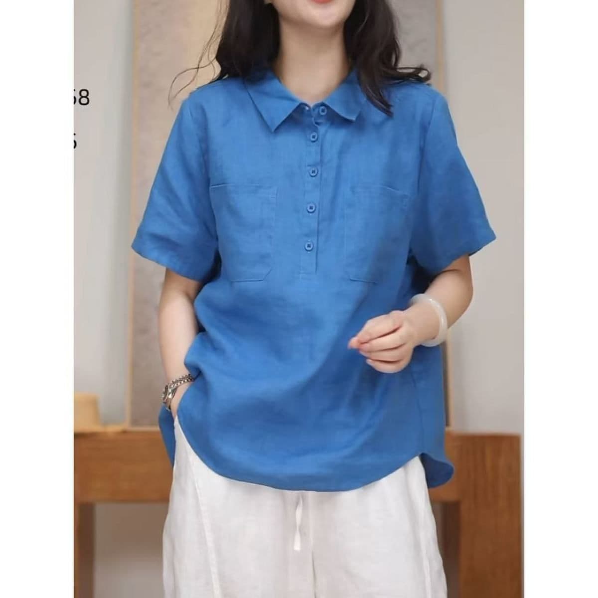 면 린넨 새로운 미니멀리즘 문예 루즈핏 캐주얼 다용도 여성 여름 미니멀리즘 고급 POLO 칼라 반팔 여성 셔츠 상세 이미지 5