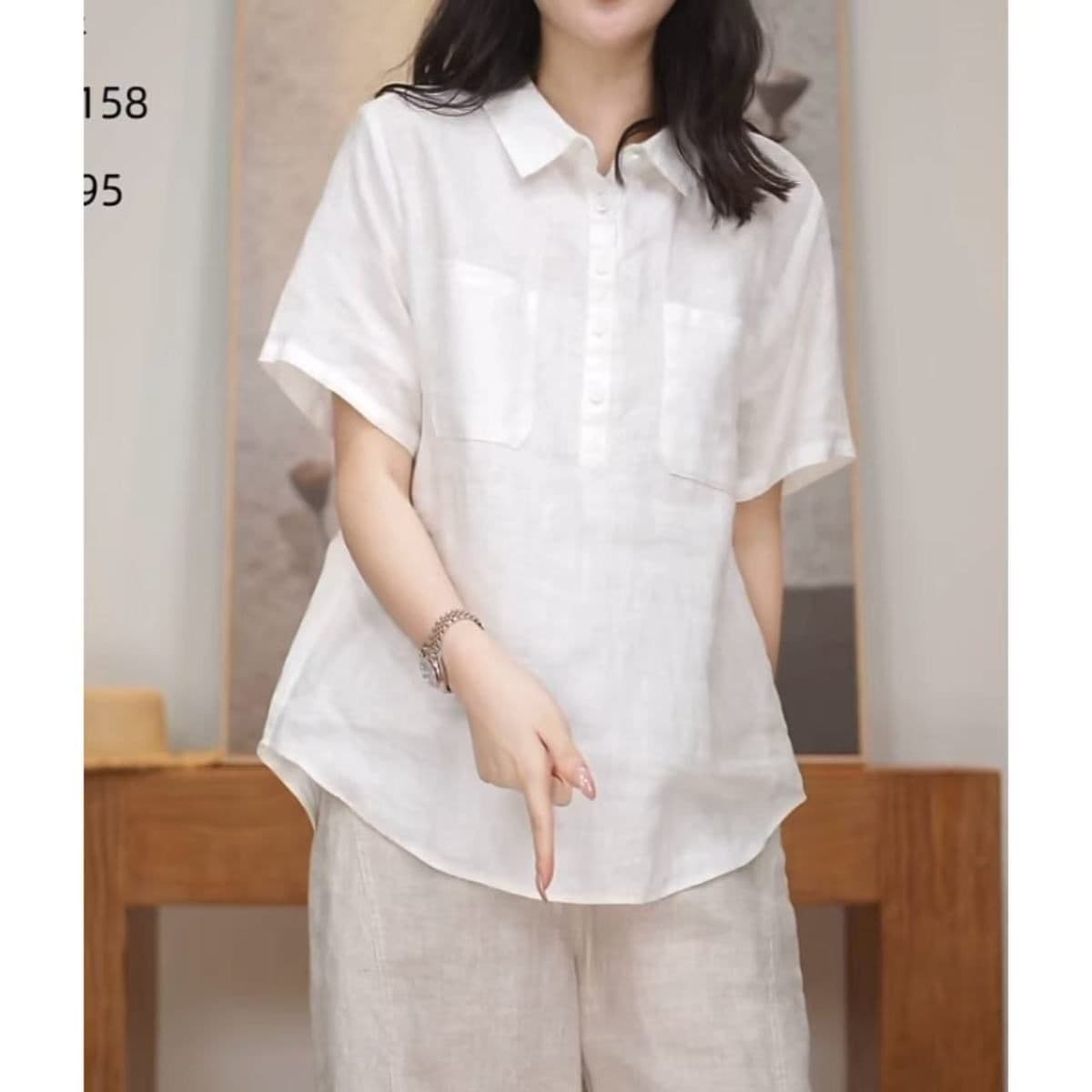 면 린넨 새로운 미니멀리즘 문예 루즈핏 캐주얼 다용도 여성 여름 미니멀리즘 고급 POLO 칼라 반팔 여성 셔츠 상세 이미지 7