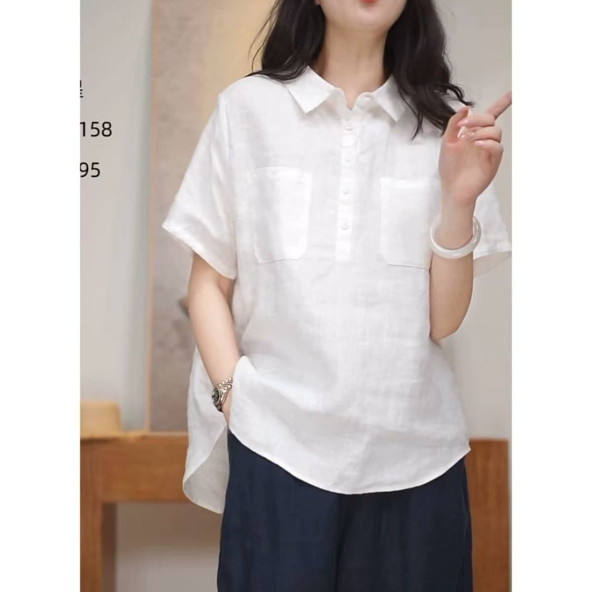 면 린넨 새로운 미니멀리즘 문예 루즈핏 캐주얼 다용도 여성 여름 미니멀리즘 고급 POLO 칼라 반팔 여성 셔츠 상세 이미지 8