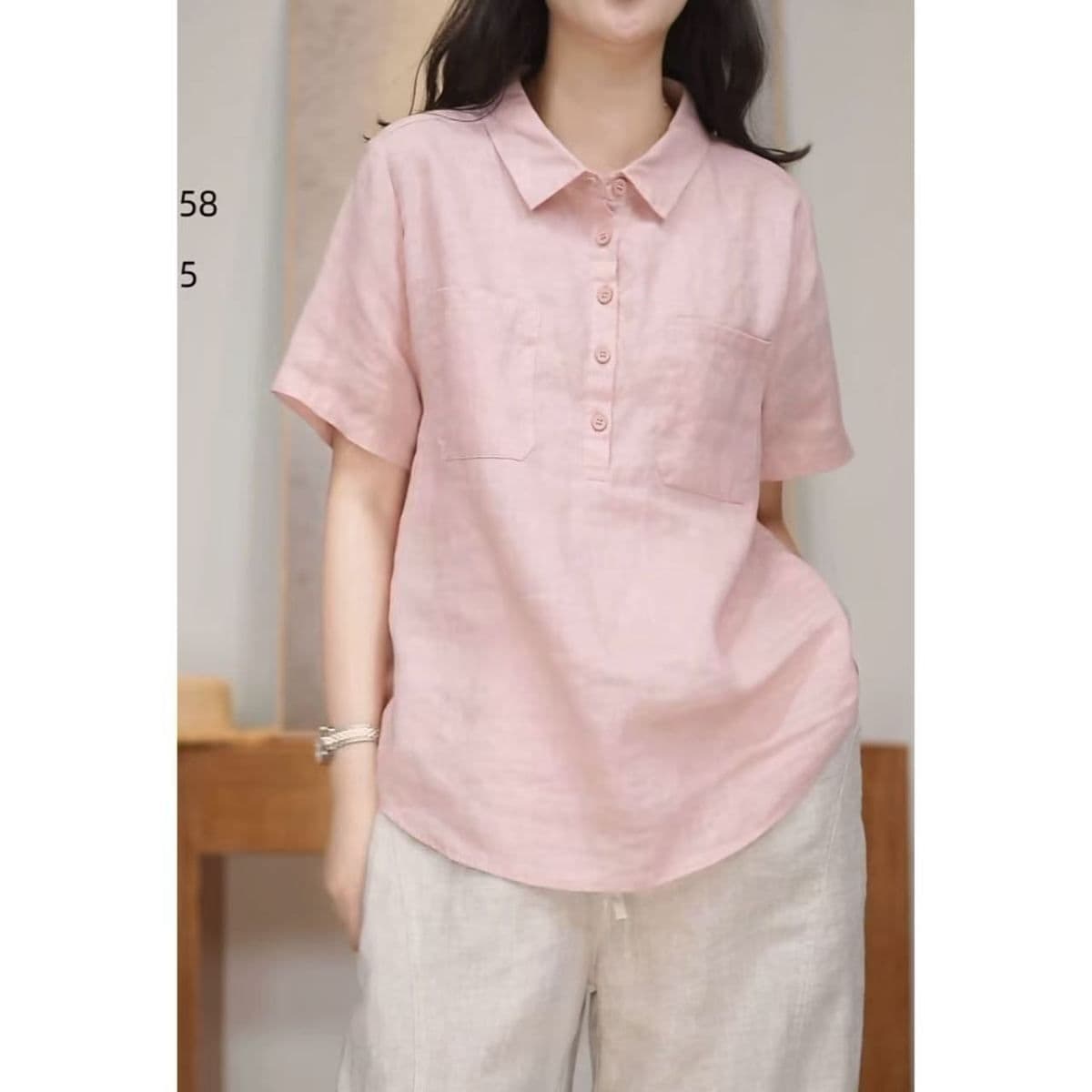 면 린넨 새로운 미니멀리즘 문예 루즈핏 캐주얼 다용도 여성 여름 미니멀리즘 고급 POLO 칼라 반팔 여성 셔츠 상세 이미지 9