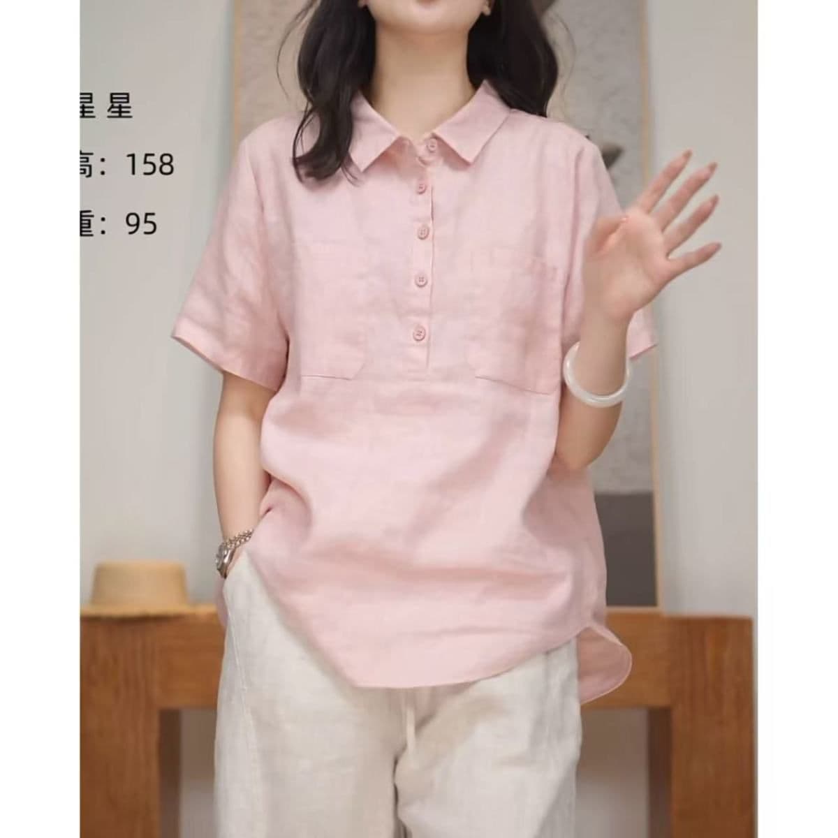 면 린넨 새로운 미니멀리즘 문예 루즈핏 캐주얼 다용도 여성 여름 미니멀리즘 고급 POLO 칼라 반팔 여성 셔츠 상세 이미지 10