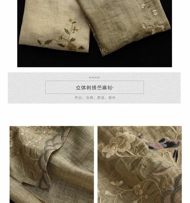 무거운 작업 자수 면 린넨 반팔 맨위 여름 새로운 문예 팬 표지 고기 슬림해 보이는 트임 디자인 풀오버 티셔츠 상세 이미지 3