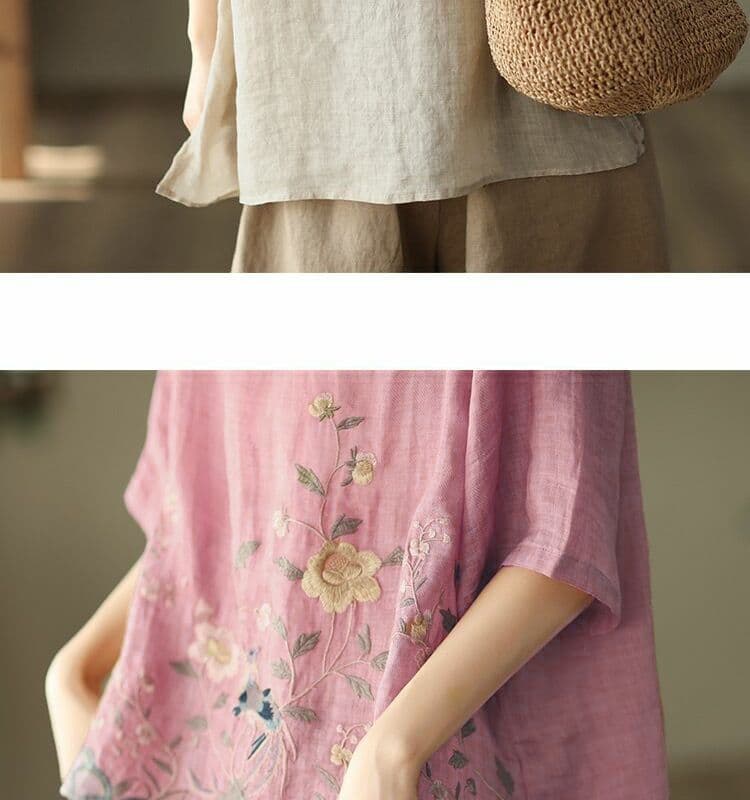 무거운 작업 자수 면 린넨 반팔 맨위 여름 새로운 문예 팬 표지 고기 슬림해 보이는 트임 디자인 풀오버 티셔츠 상세 이미지 14