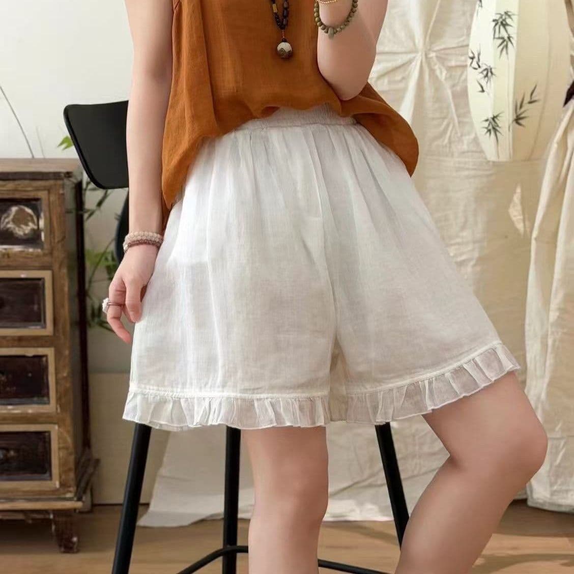 캐주얼 여름 새로운 면 린넨 반바지 여성 레트로 무거운 작업 프릴 레이스업 허리밴드 와이드 레그 팬츠 캐주얼 반바지